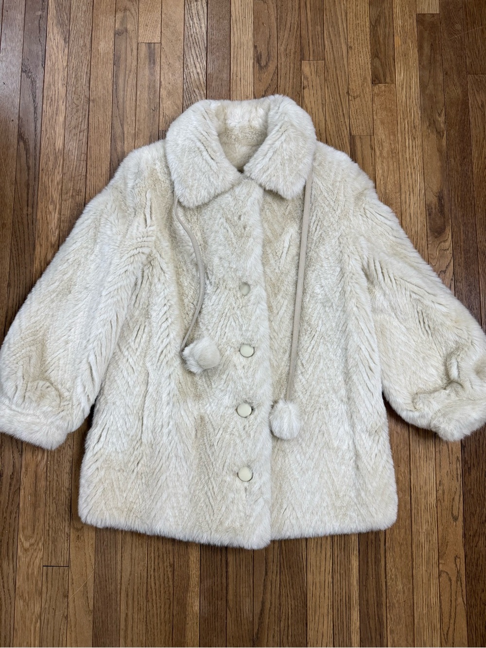 NOS 1970s Vintage Cream Sears Faux Fur Coat with Pom Poms